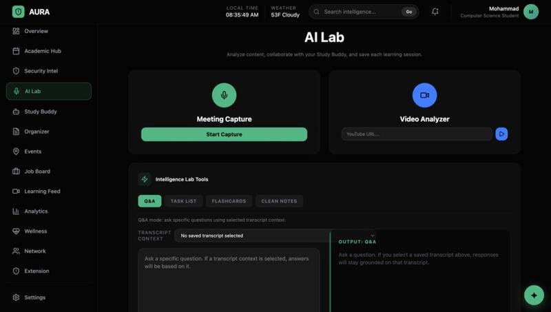 aura 4 ai lab it analyze meetings videos and gives you and overview summery tasklist or flashcard and gives you the option to chat about it