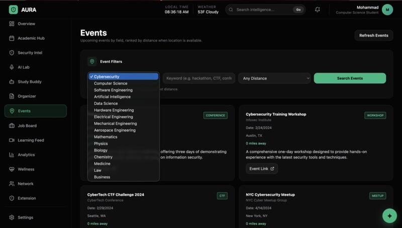 aura 7 event tab based on your stem field it pulls data on the nearest events related to your field and shows them to you closest first