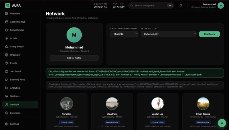 aura12 network allows students professionals to reachout to other professionals and filtered by distance