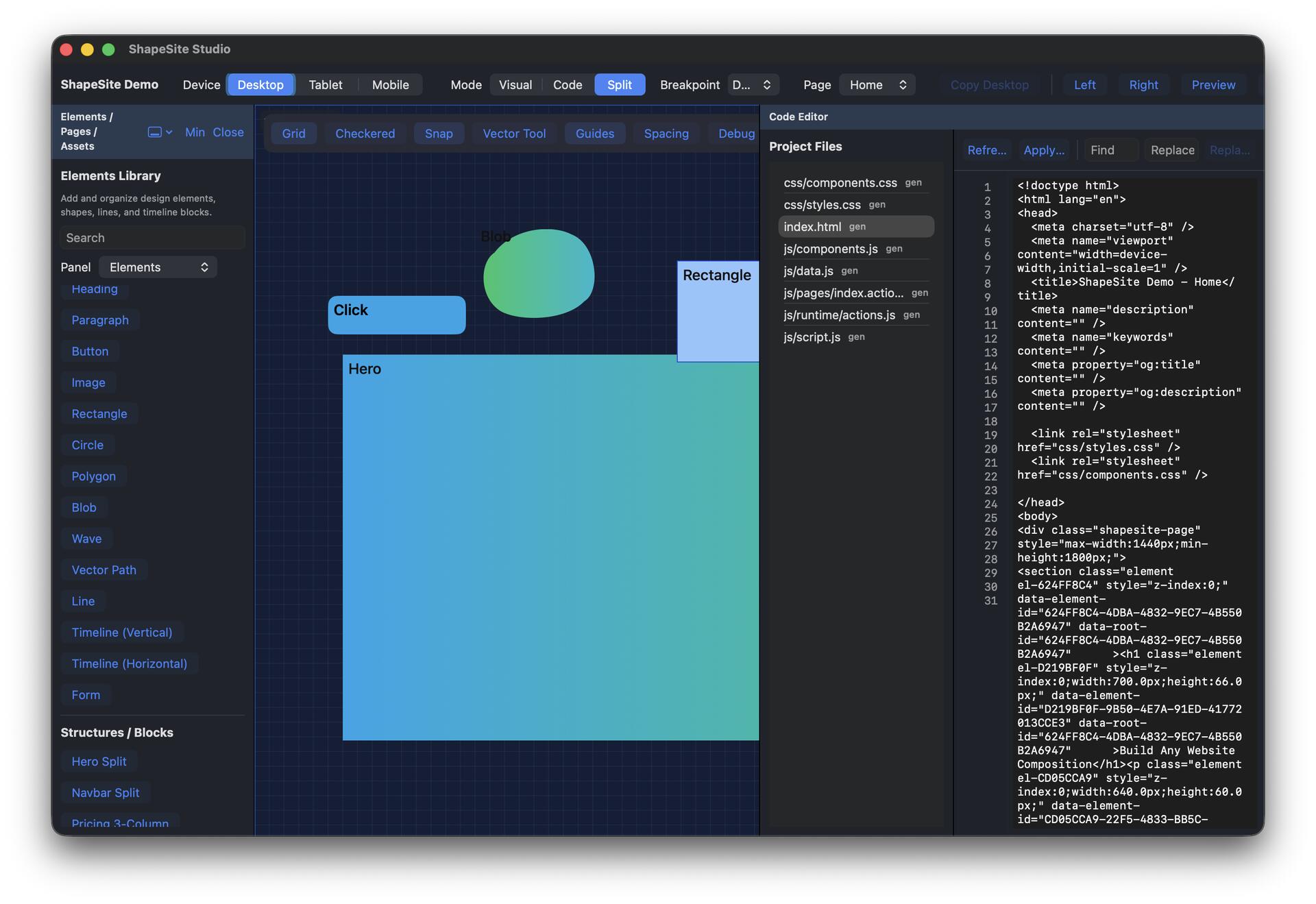 shapesite1 main page in split view showing shape and corresponding html web code