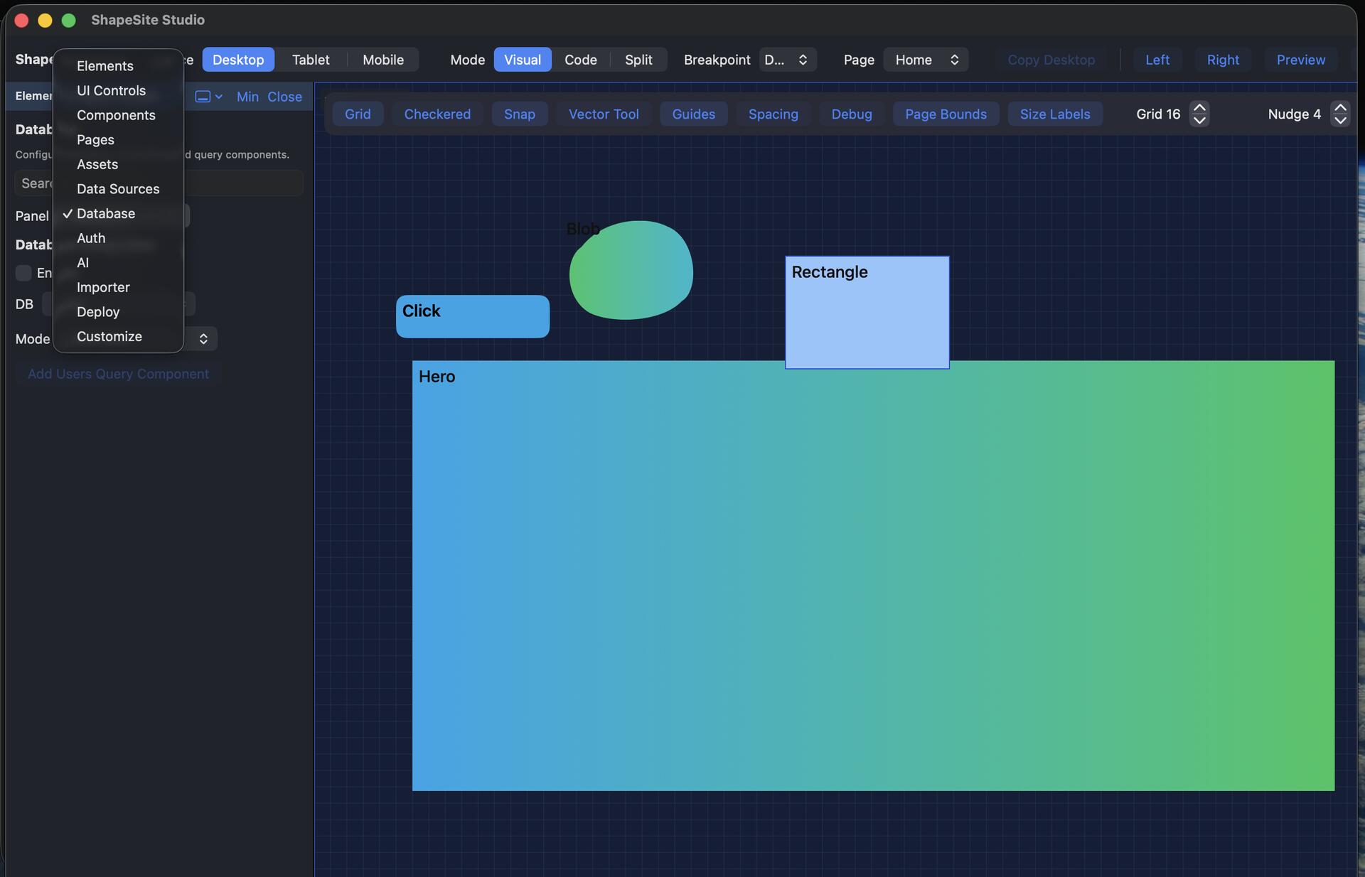 shapesite2 showing sidebar option with ability to add ai databases auth and assets to the webpage