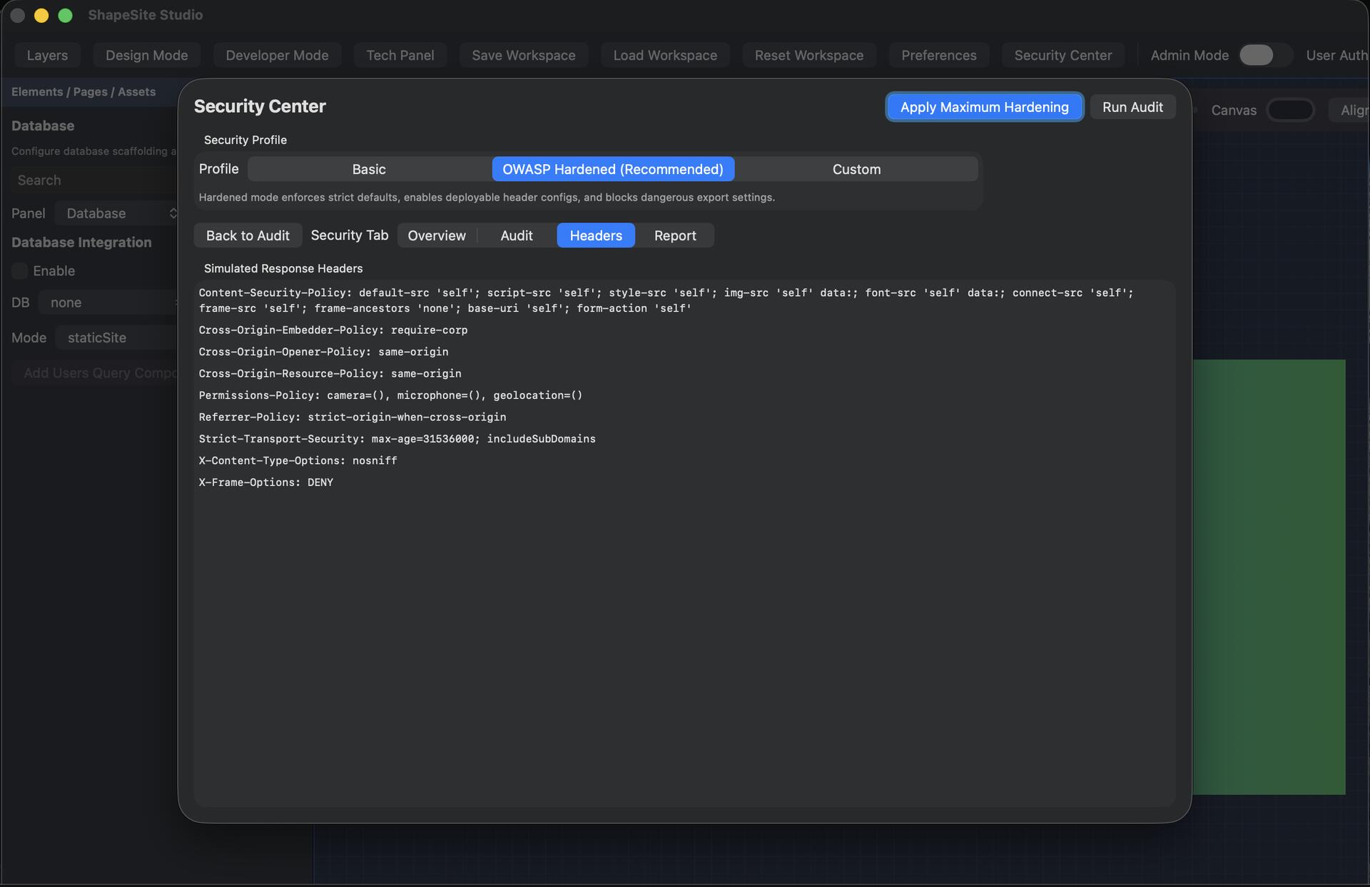 shapesite3 security center audit allowing you to add additional security to your webpage